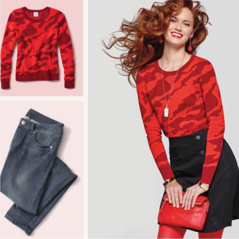 CAbi Camo Red Knit Sweater Size XS